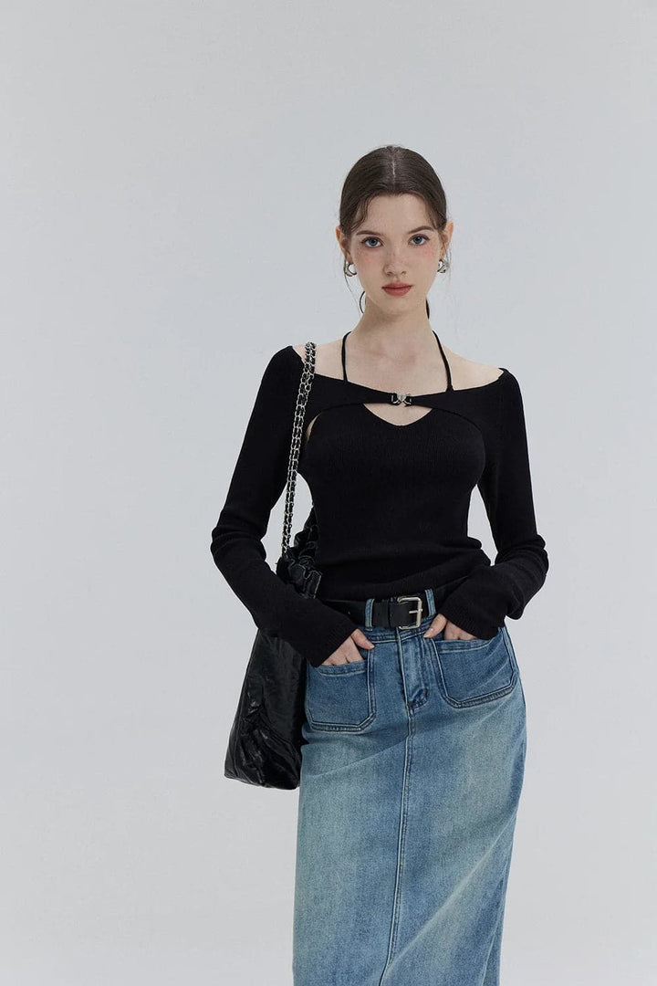 Top Knit Cut-Out Chic dengan Perincian Tali leher – Pandangan Segar pada Keanggunan Kasual