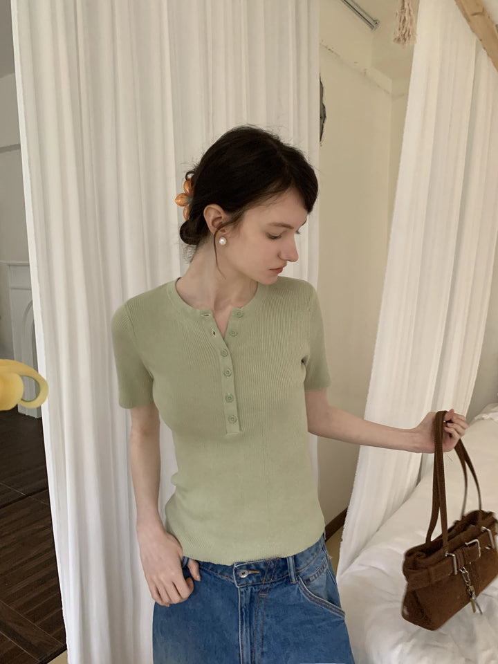 Short-Sleeve Ribbed Henley Top