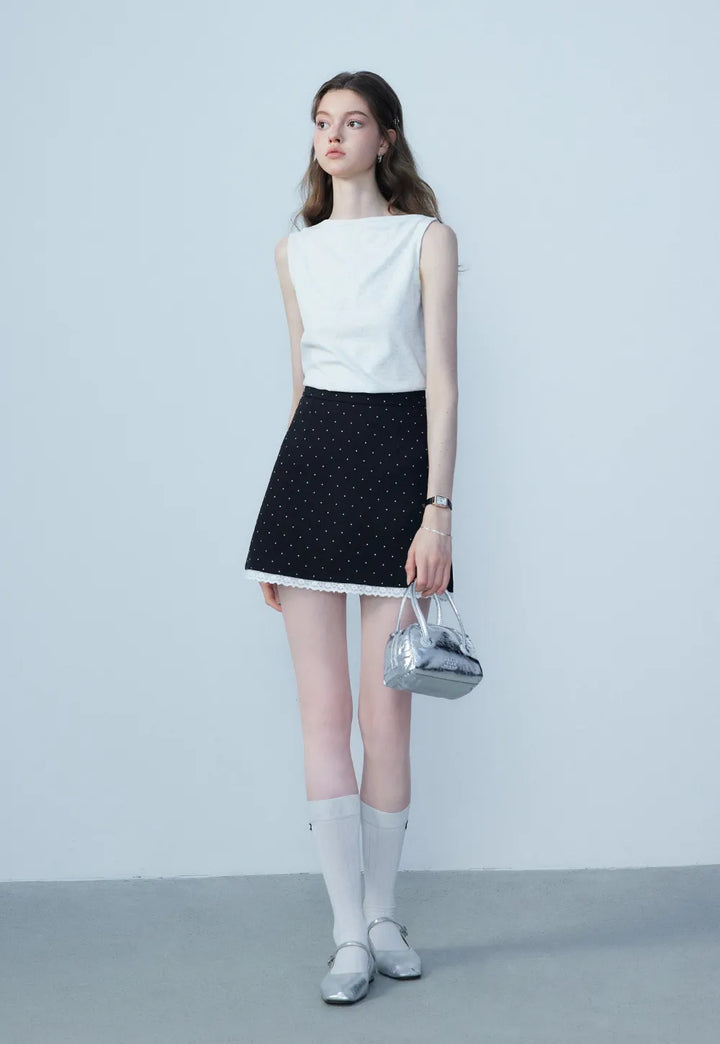 Women's A-Line Mini Skirt with Polka Dot Pattern and Lace Trim