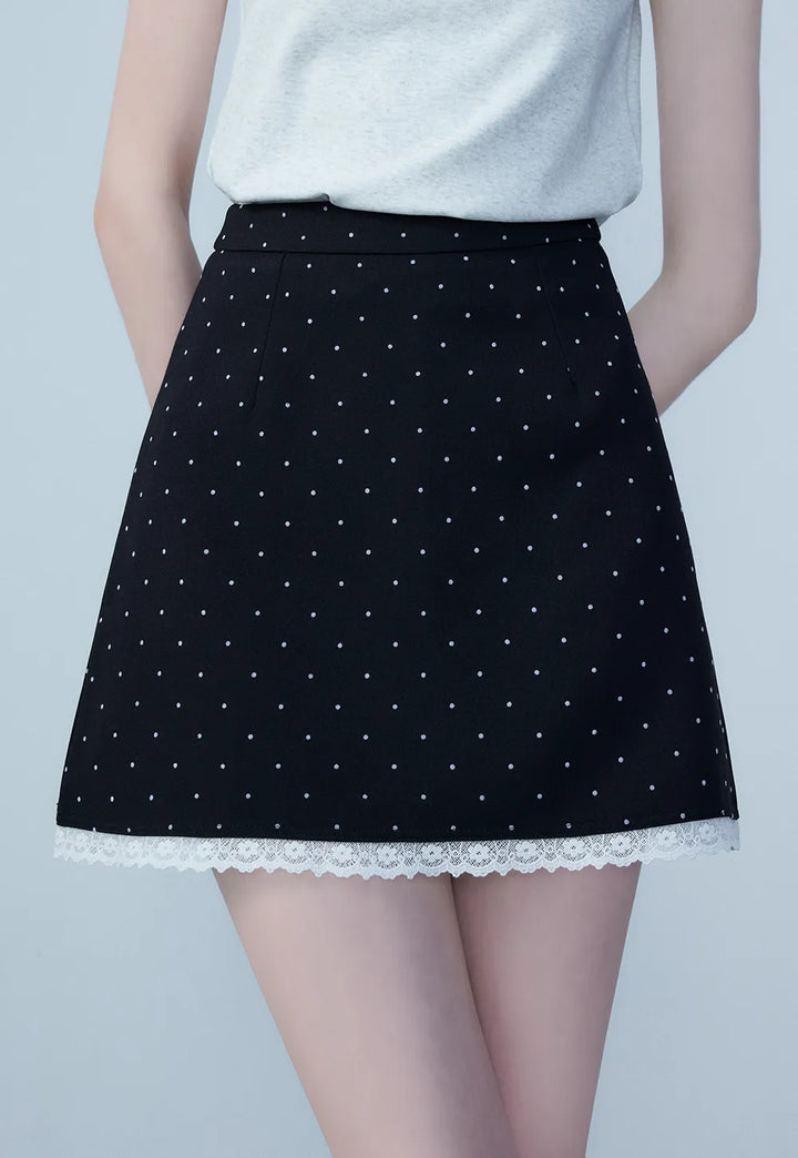 Women's A-Line Mini Skirt with Polka Dot Pattern and Lace Trim