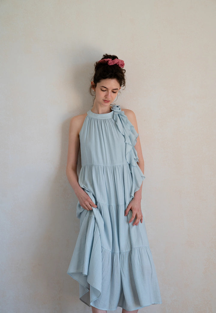 Ruffled Tiered Midi Dress with Flower Detail