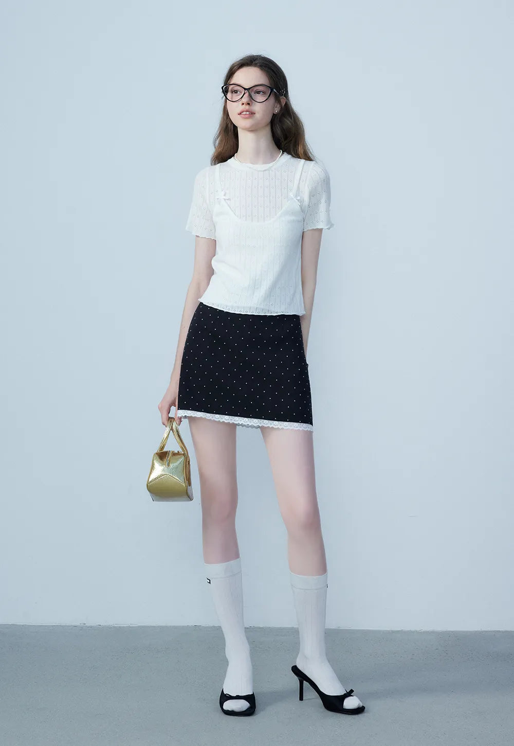 Women's A-Line Mini Skirt with Polka Dot Pattern and Lace Trim