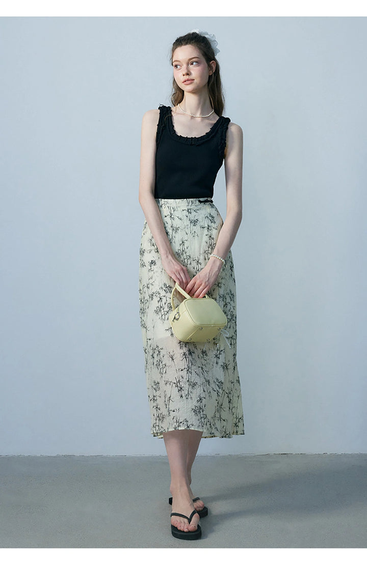 Women's Beige Maxi Skirt with Black Bamboo Print