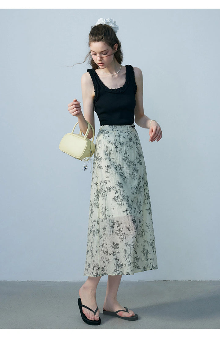 Women's Beige Maxi Skirt with Black Bamboo Print