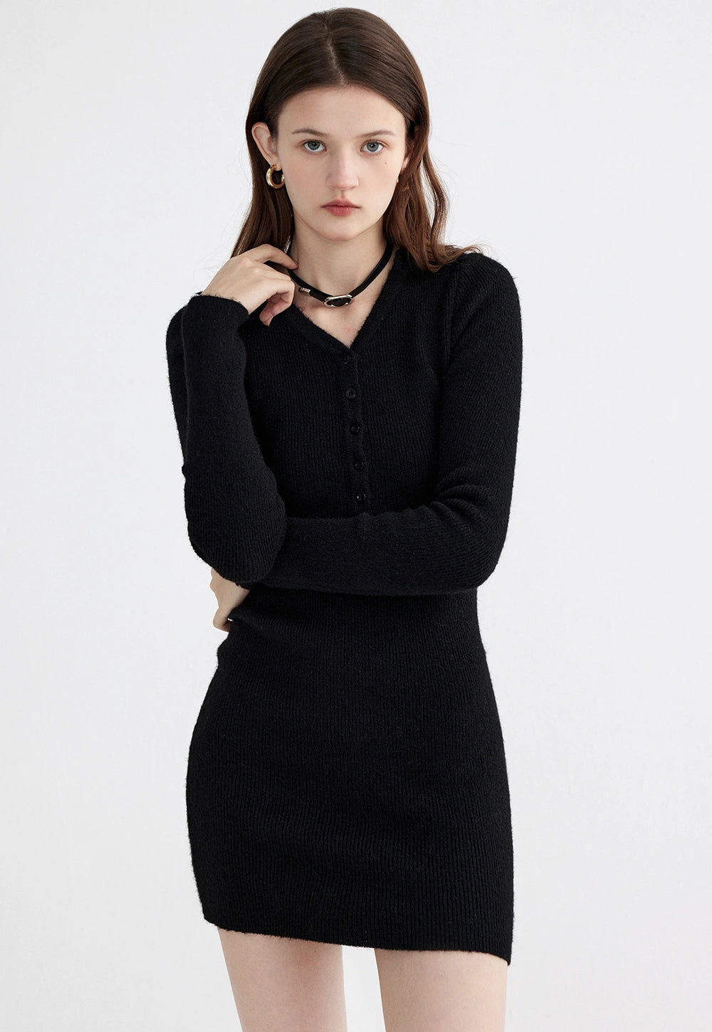 Women's Long-Sleeve Button-Up Knit Dress