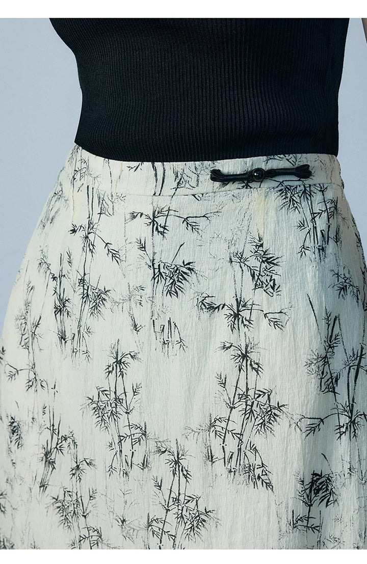 Women's Beige Maxi Skirt with Black Bamboo Print