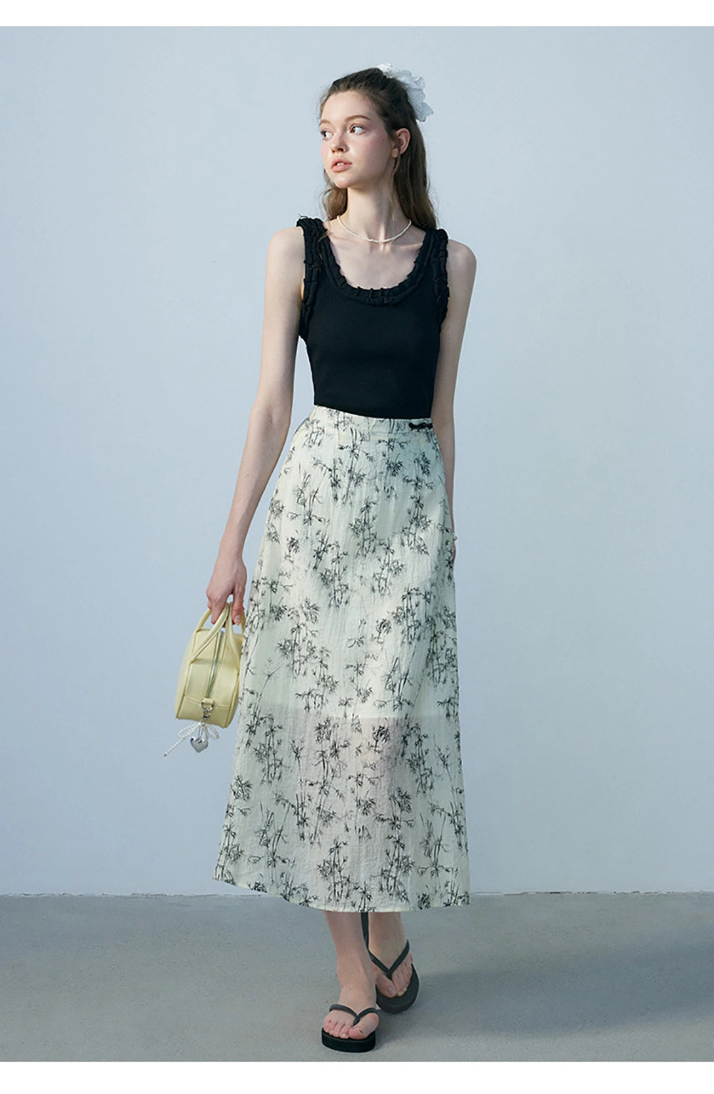 Women's Beige Maxi Skirt with Black Bamboo Print