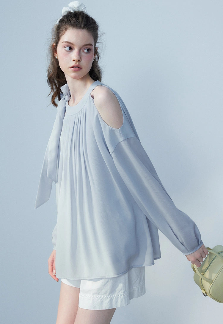 Ladies' Sleeveless Pleated Blouse with Shoulder Bow Detail