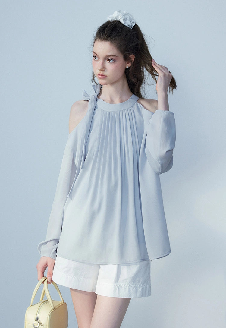 Ladies' Sleeveless Pleated Blouse with Shoulder Bow Detail