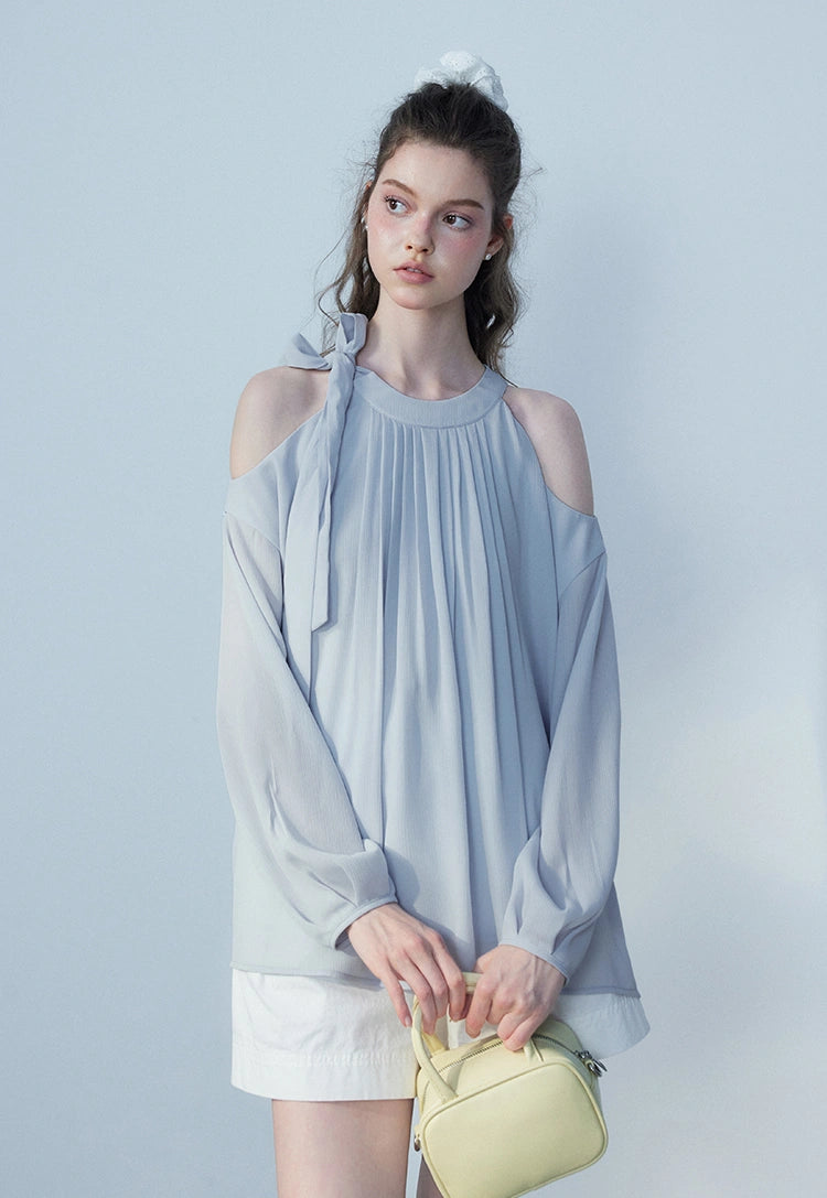 Ladies' Sleeveless Pleated Blouse with Shoulder Bow Detail