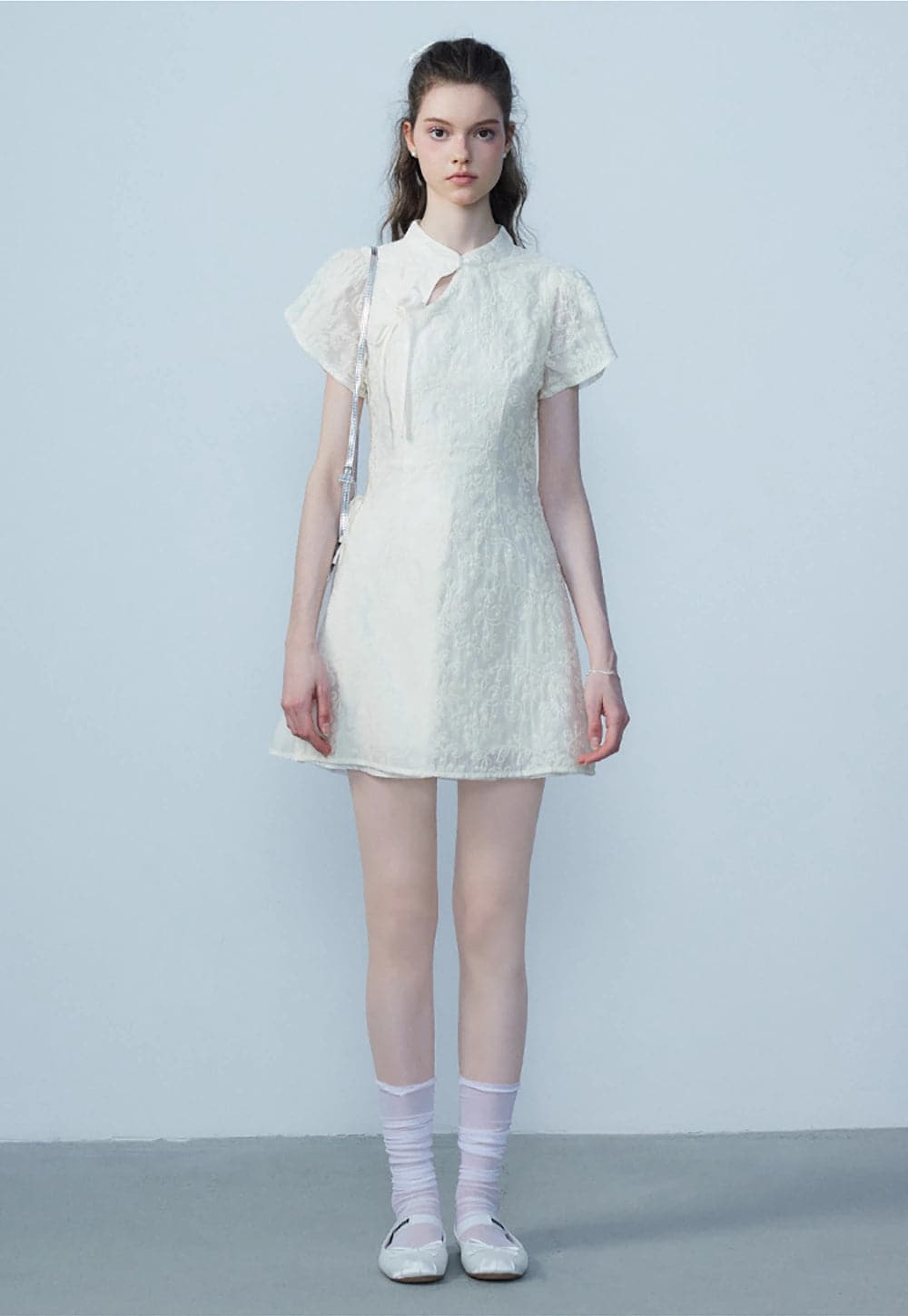 Apricot Knee-Length Lace-Trimmed Dress