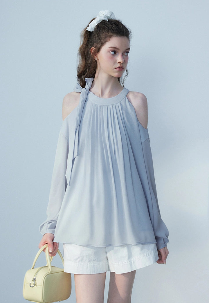 Ladies' Sleeveless Pleated Blouse with Shoulder Bow Detail