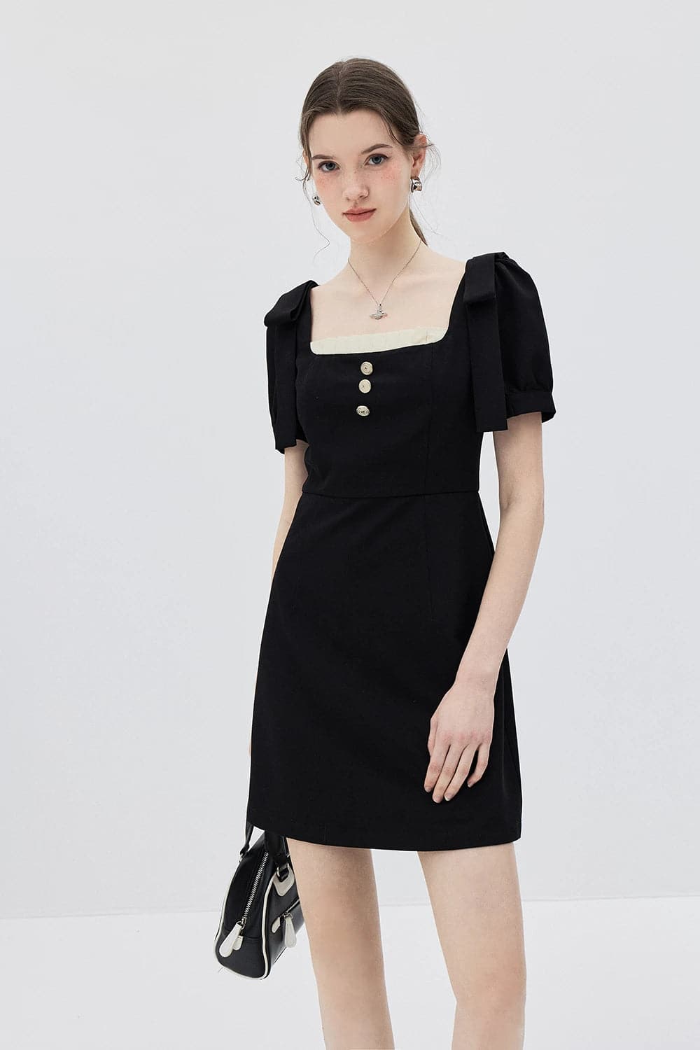 Chic Puff Sleeve Buttoned Square Neck Dress