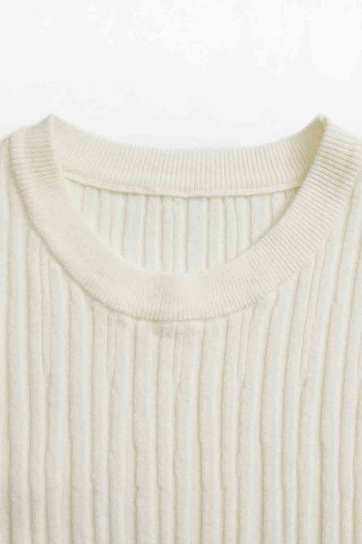 Haut à manches courtes en tricot côtelé pour femme - Col rond polyvalent