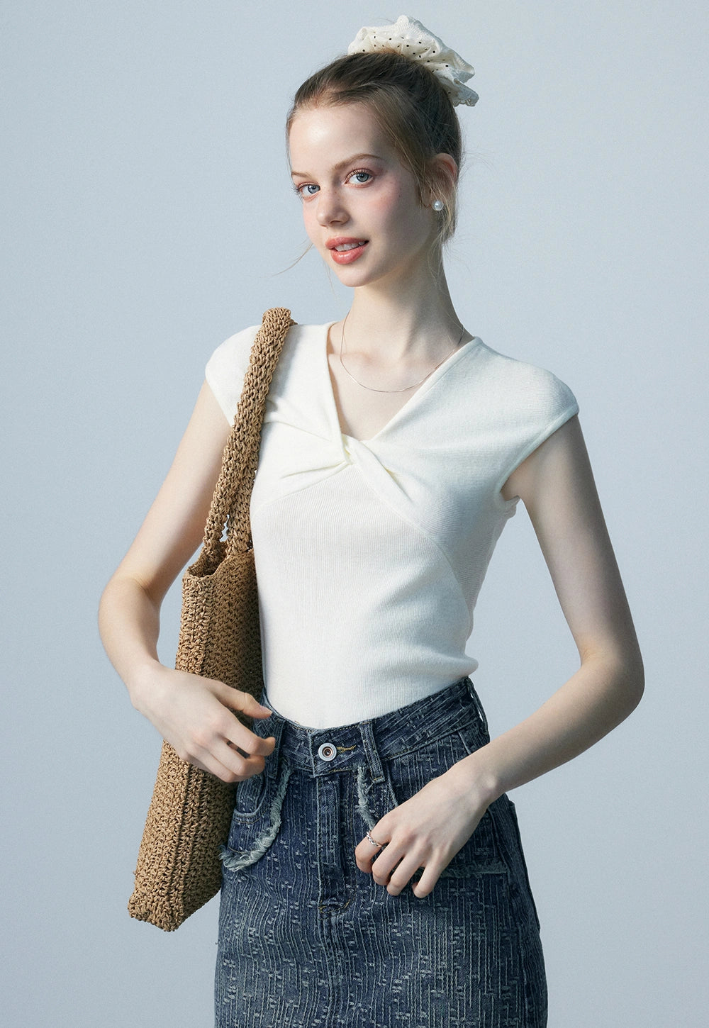 Chic V-Neck Knit Top with Front Knot, Versatile Wear