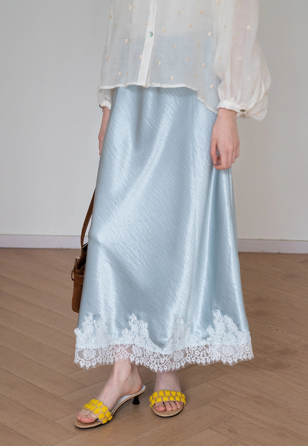 Satin Midi Skirt with Lace Hem