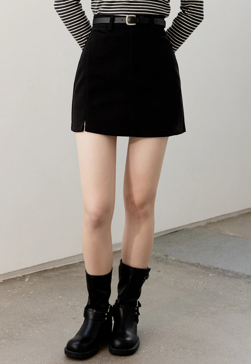Women's High-Waisted A-Line Mini Skirt with Belt, Side Pockets, and Side Slit