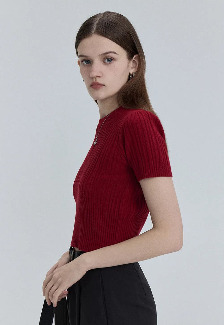 Classic Ribbed Crewneck Short-Sleeve Knit Top