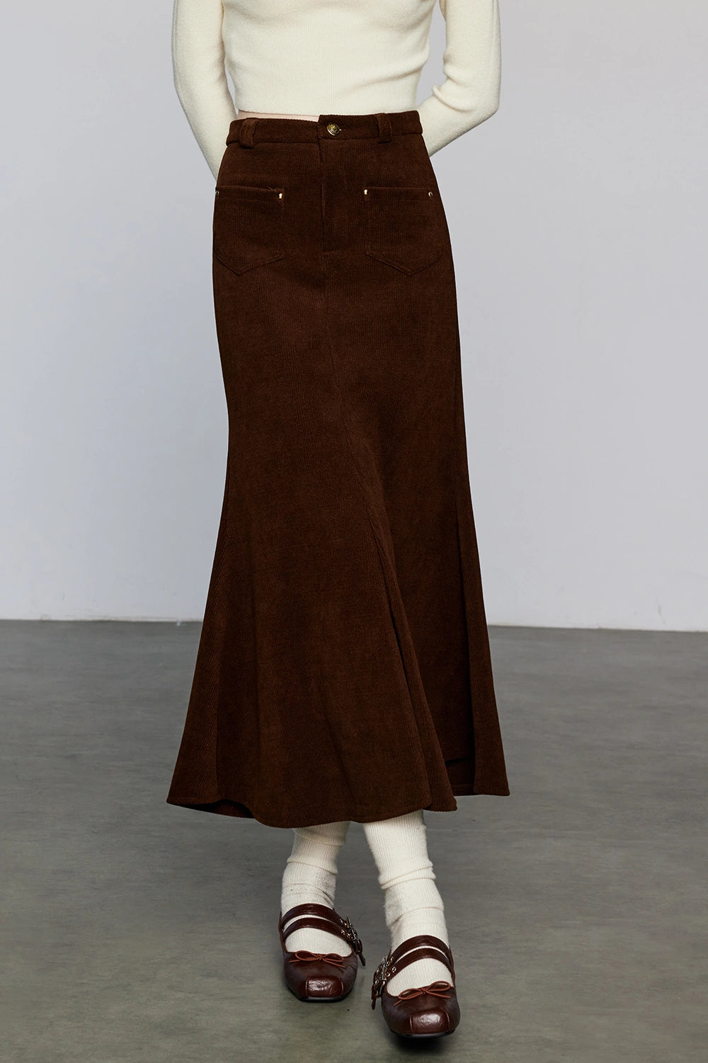 Women's High-Waisted Brown Corduroy Fishtail Midi Skirt with Front Pockets