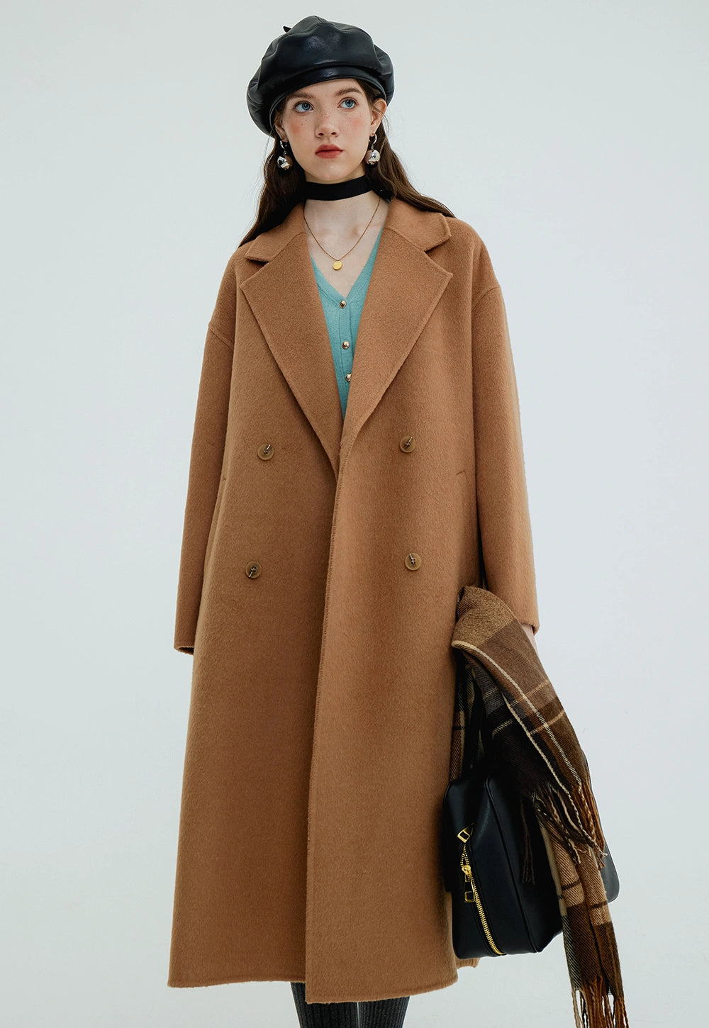 Women's Double-Breasted Wool Blend Overcoat with Notched Lapels