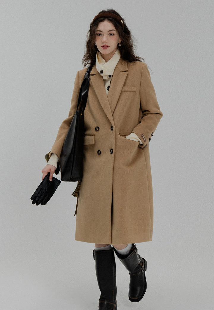 Women's Brown Double-Breasted Long Coat with Notched Lapel and Front Pockets