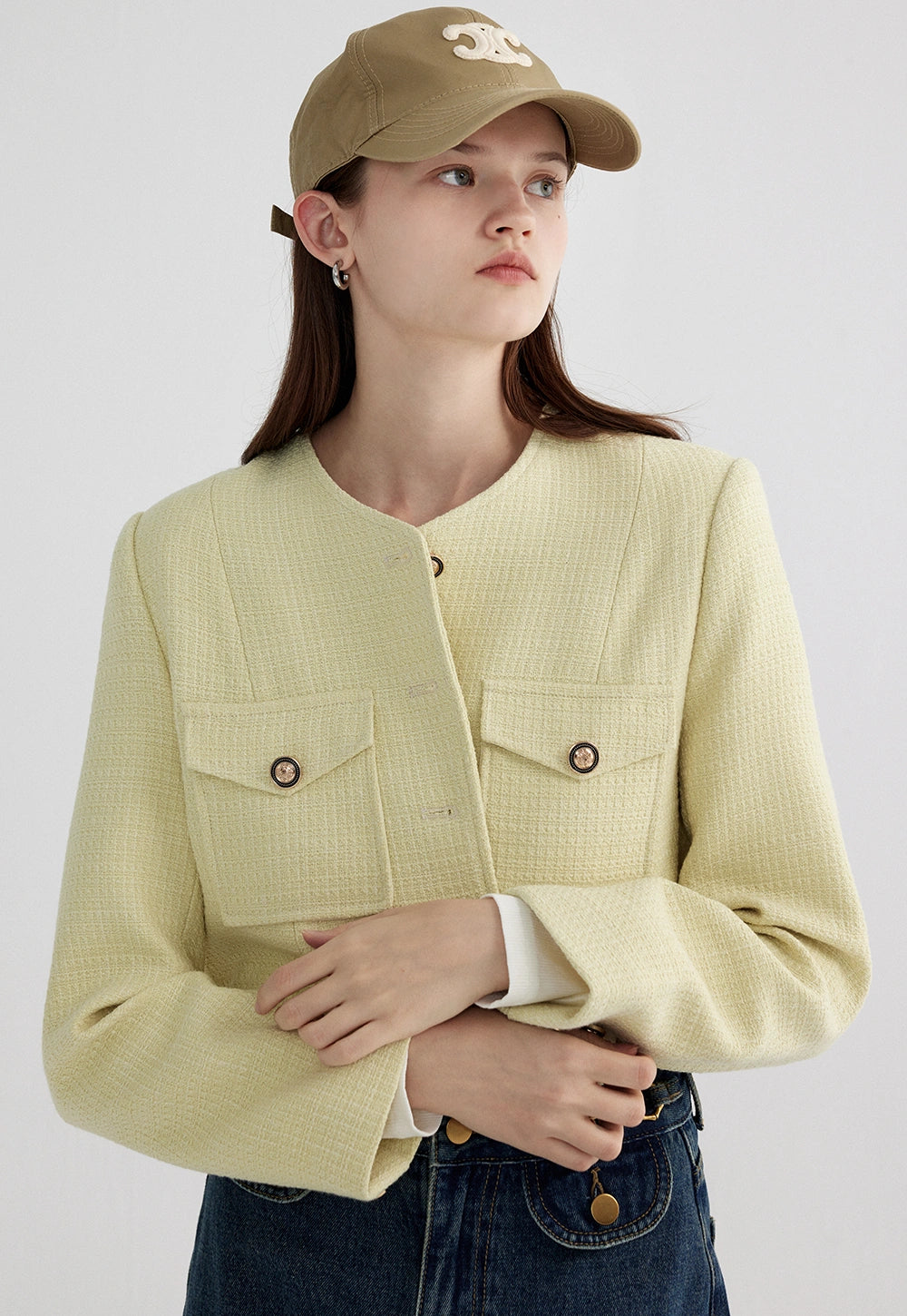 Women's Textured Crop Jacket with Button Closure and Patch Pockets