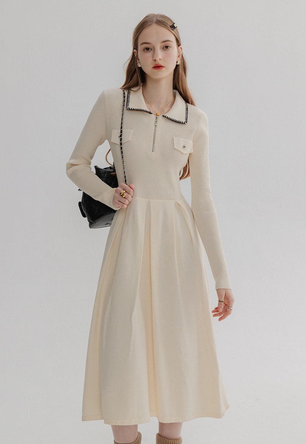 Elegant Long-Sleeve Knit Midi Dress with Black Trim and Zip Detail - Stylish Comfort