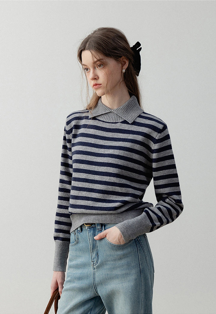 Women’s Striped Pullover Sweater with Polo Collar