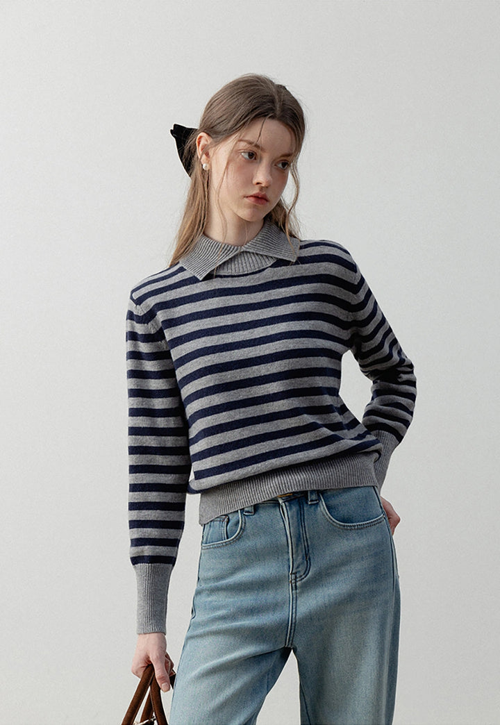 Women’s Striped Pullover Sweater with Polo Collar