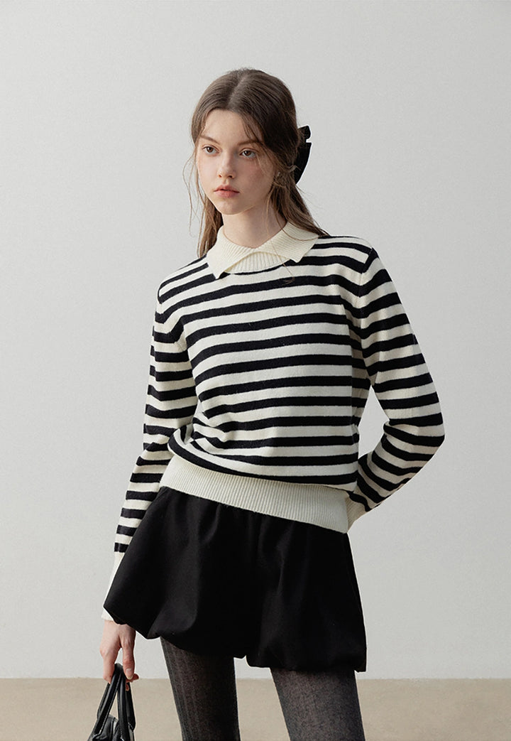 Women’s Striped Pullover Sweater with Polo Collar