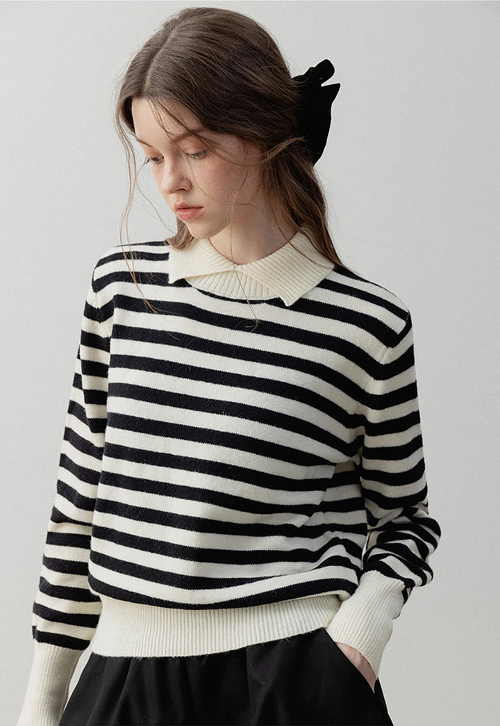 Women’s Striped Pullover Sweater with Polo Collar