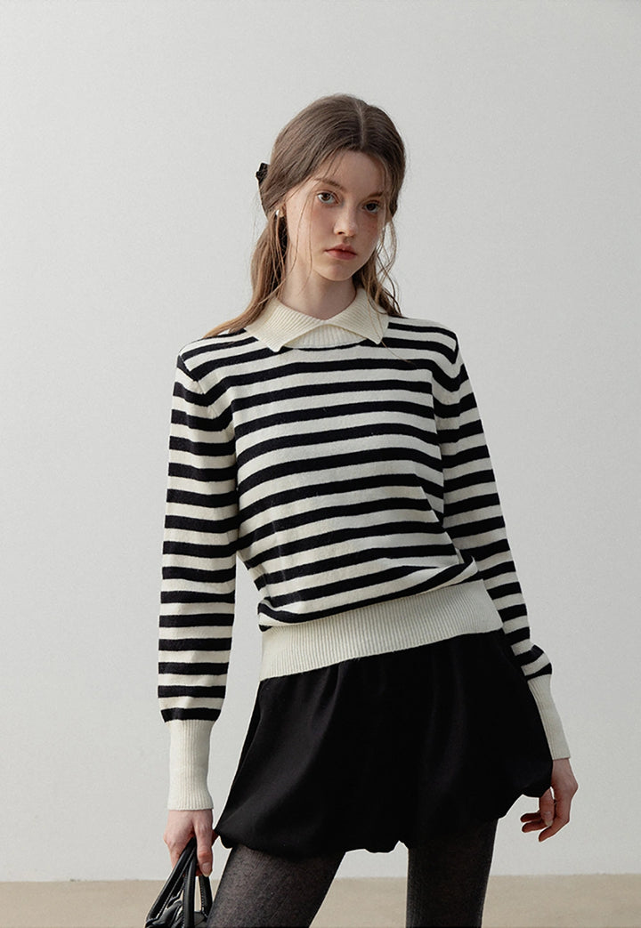 Women’s Striped Pullover Sweater with Polo Collar