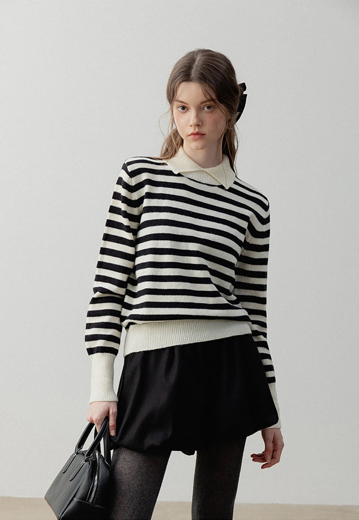 Women’s Striped Pullover Sweater with Polo Collar