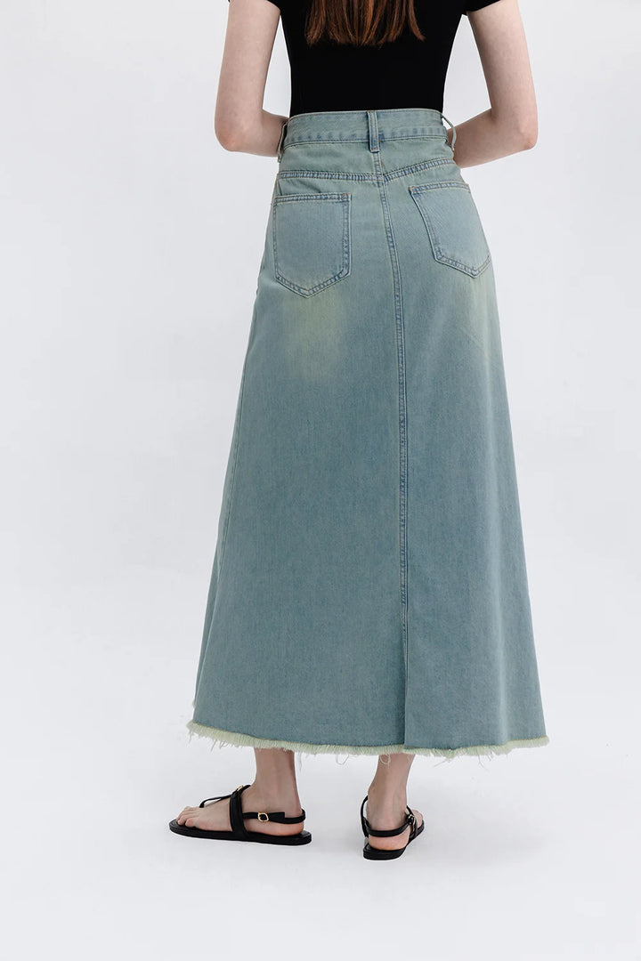 Skirt Midi Denim Trend dengan Labuh Berjumbai