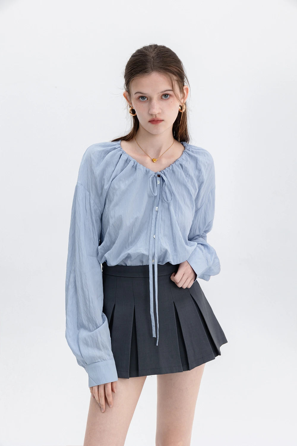 Gathered Neckline Blouse with Button Detail