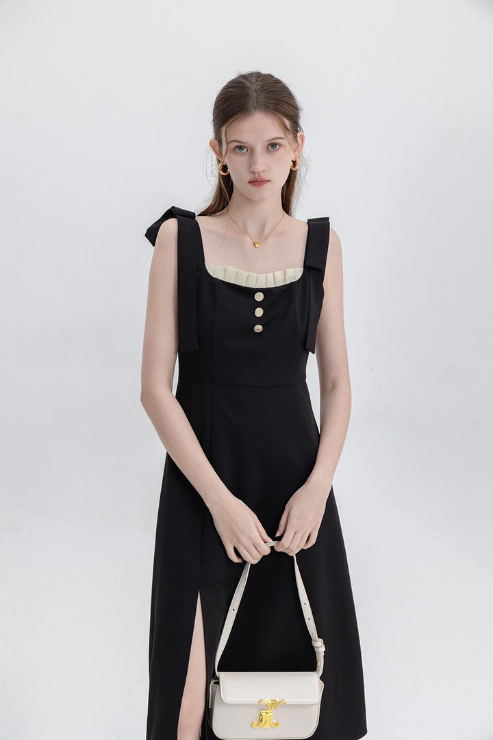 Sophisticated Black Dress with Button Accents and Shoulder Straps