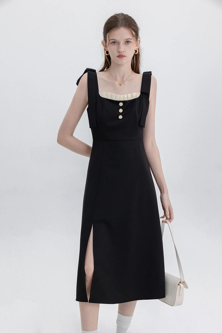 Sophisticated Black Dress with Button Accents and Shoulder Straps