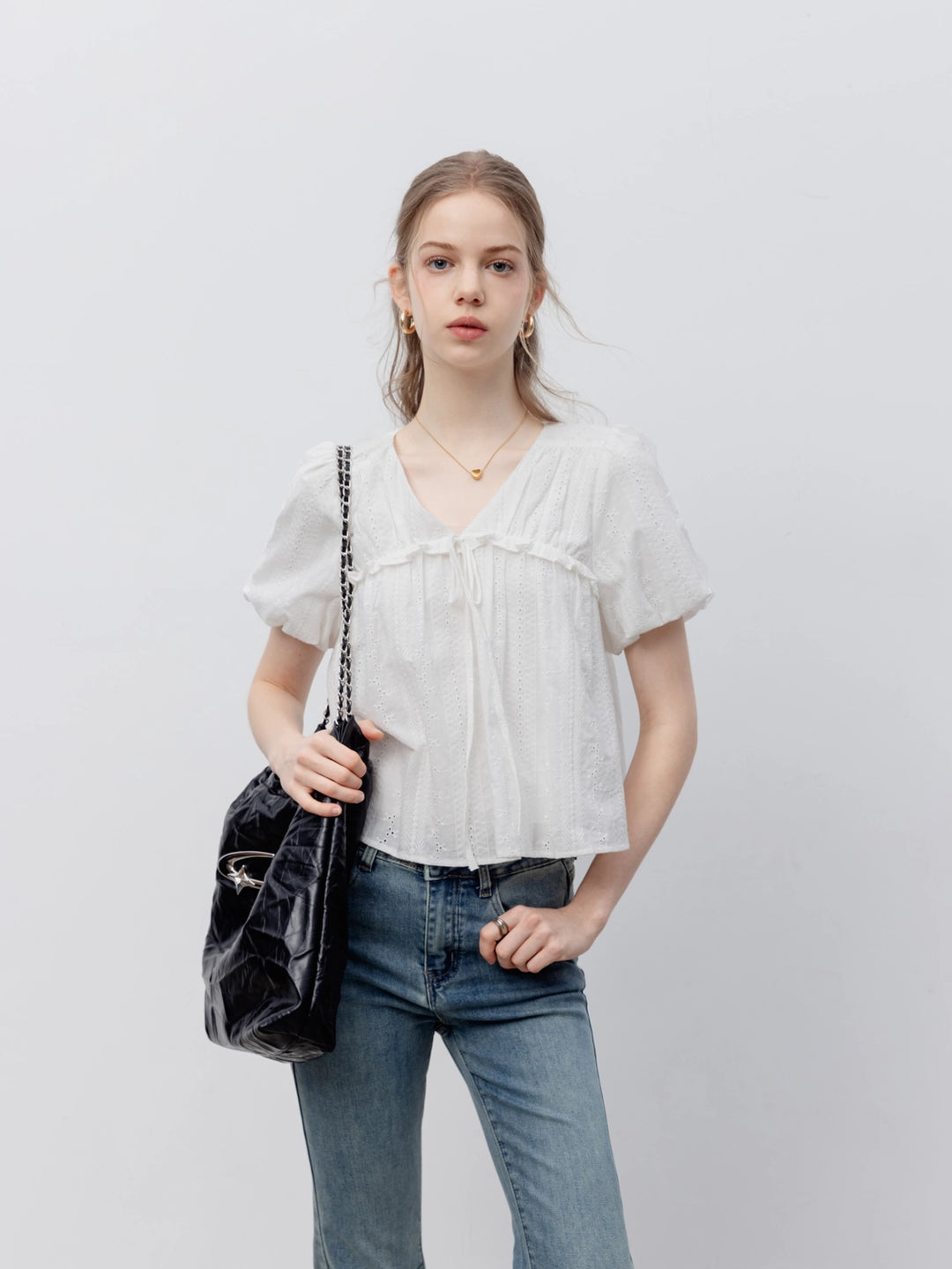 Women's Lace Eyelet Tie-Front Short-Sleeve Blouse