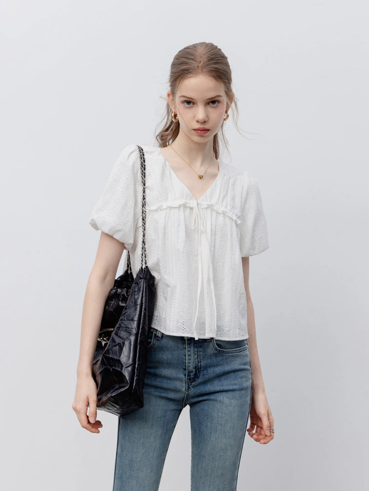 Women's Lace Eyelet Tie-Front Short-Sleeve Blouse