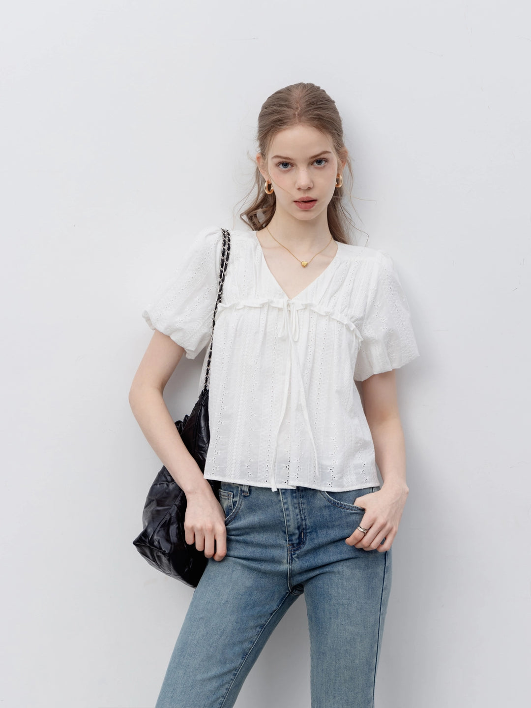 Women's Lace Eyelet Tie-Front Short-Sleeve Blouse