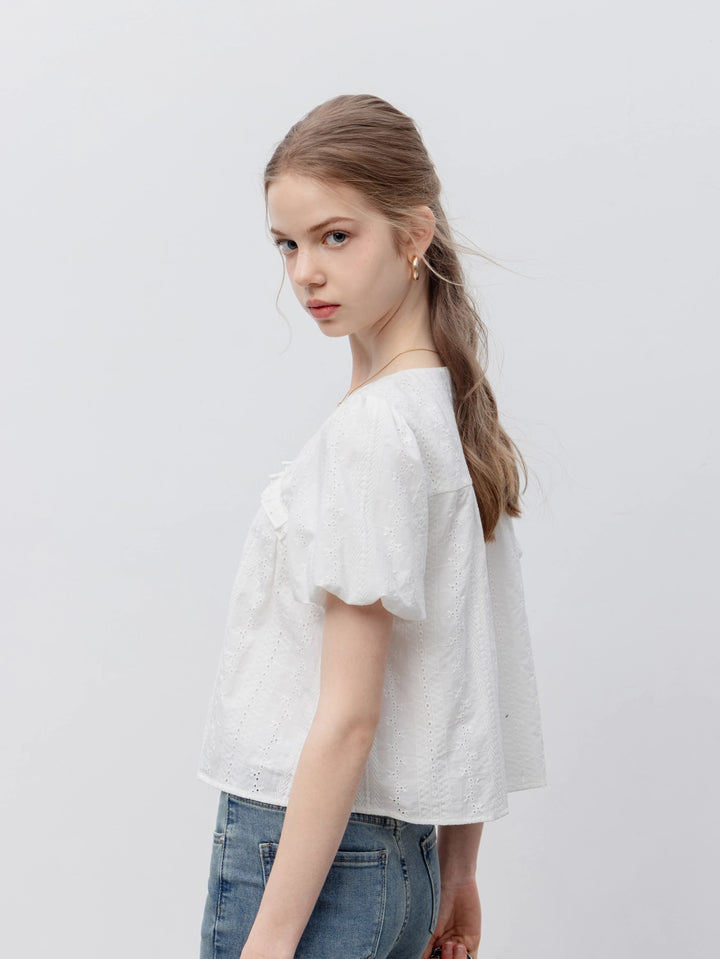 Women's Lace Eyelet Tie-Front Short-Sleeve Blouse