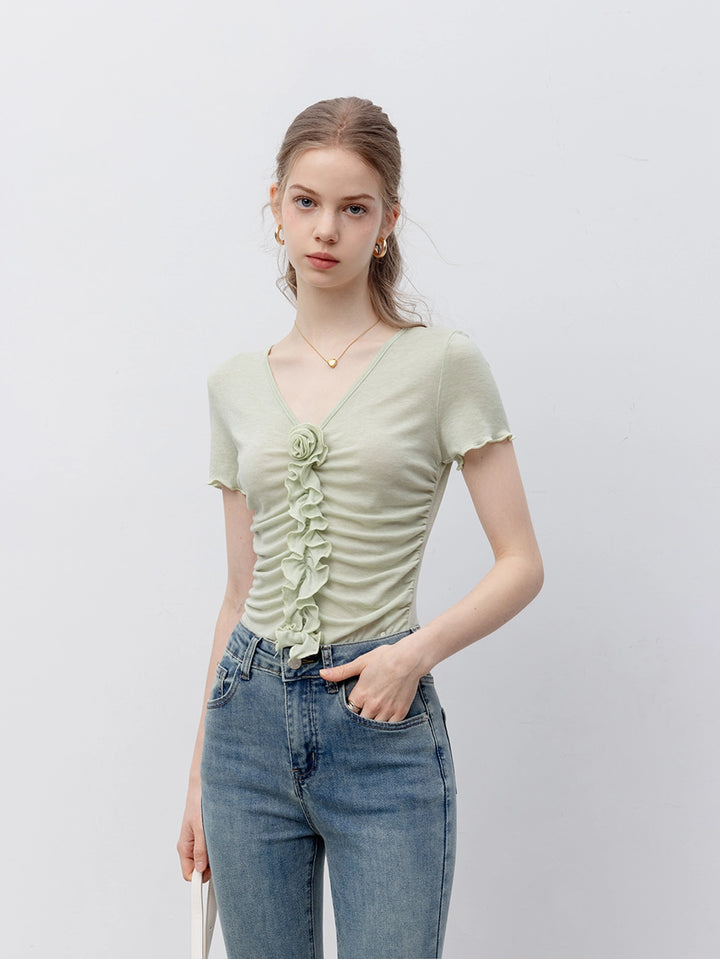 Women's Ruffled Floral Detail Short-Sleeve T-Shirt