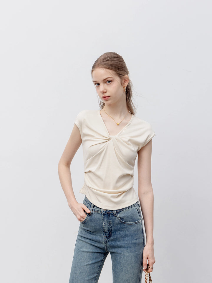 Women's Casual Short Sleeve Round Neck Top with Elegant Front Knot Detail