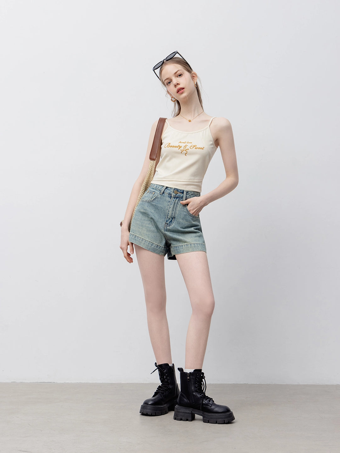 Basic-Jeansshorts mit hohem Bund für Damen