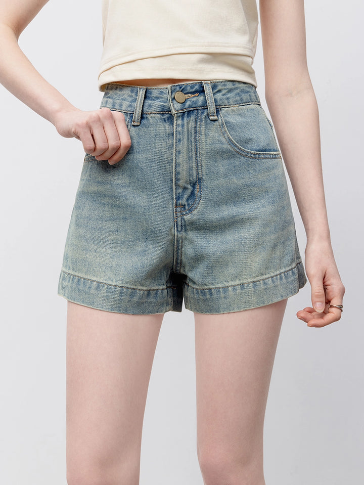 Quần short denim cạp cao cơ bản cho nữ