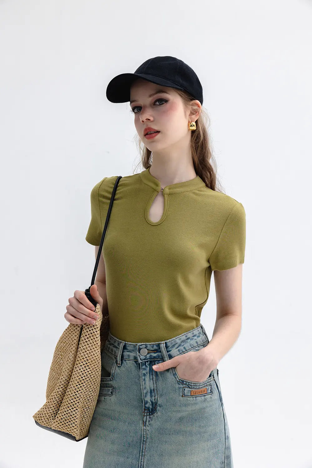 Women's Cheongsam Collar Solid Color T-shirt