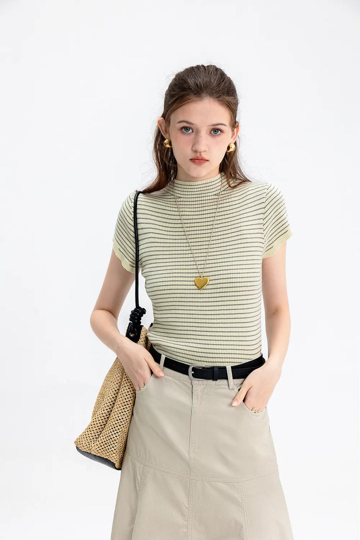 Short-Sleeved Ribbed Knit Top with Decorative Buttons