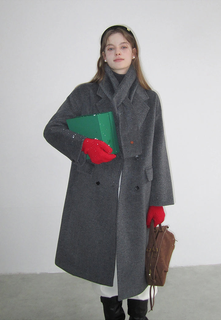 Double-Breasted Quilted Woolen Coat With Scarf