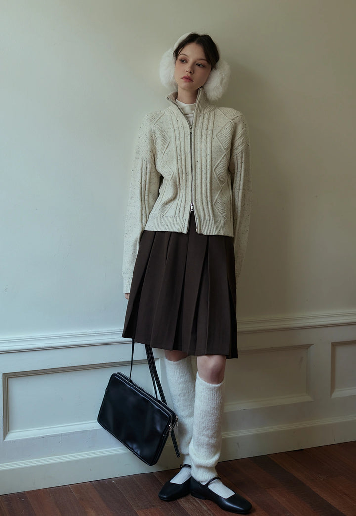 Cable-Knit High-Neck Zip-Up Cardigan