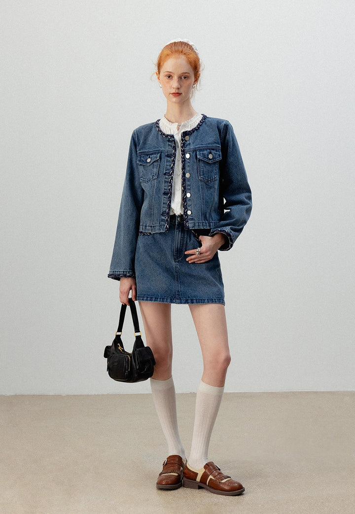 Denim Jacket and Skirt Set with Braided Trim